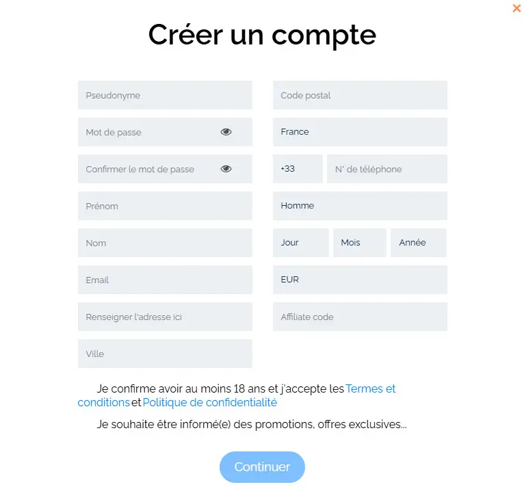 Wink Bet Casino registration process